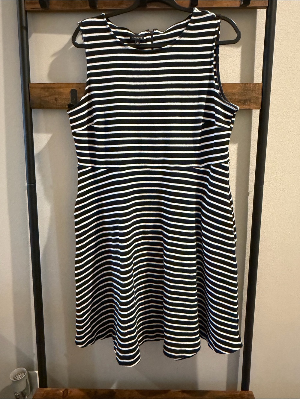 Talbots Black and White Striped Sleeveless Fit & Flare Midi Dress